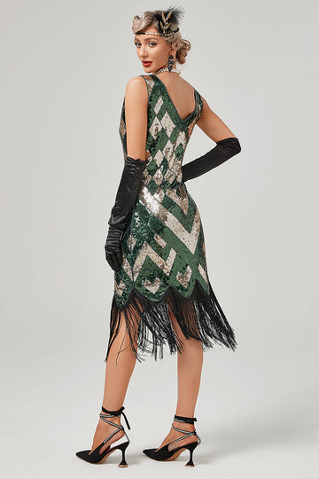 Vert Scoop Neck Sleeveless Flapper Robe à franges